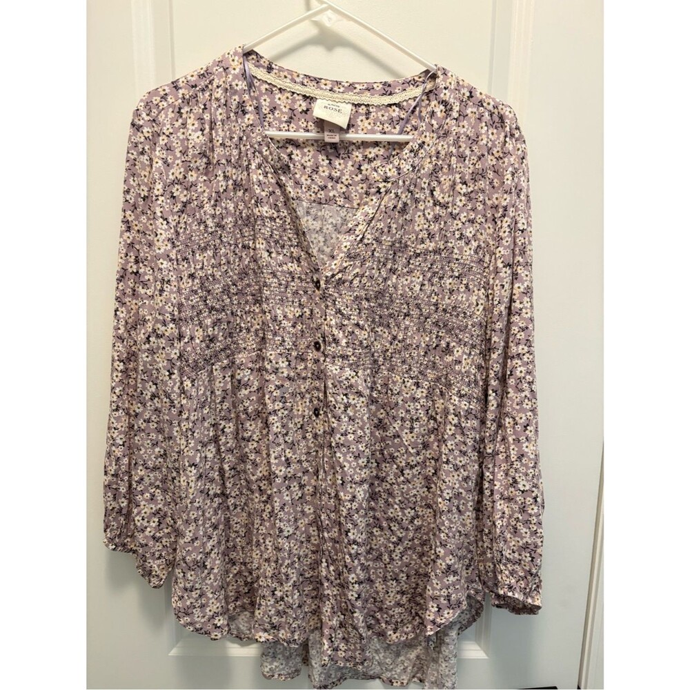 Knox Rose XL Floral Boho Tunic Top Mauve Rayon Smocked Front 3/4 Sleeve - Picture 3 of 6
